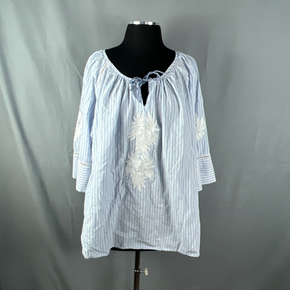 Workshop Republic Peasant Blouse Top Womens 2X Blue Striped Floral Embroidered